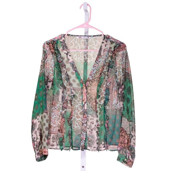 Zara Women's Blouse Button Up Floral Geometric Paisley Ruffle Long Sleeve Top S - Picture 1 of 9